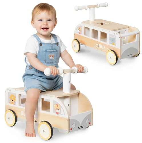 Mamabrum Holzreiter Kinderbusel MAM236 - Stabiler Bus mit Lenker und rutschfesten Rädern, Staufächer und Plüschtierraum - Für die Kleinen ab 12M+