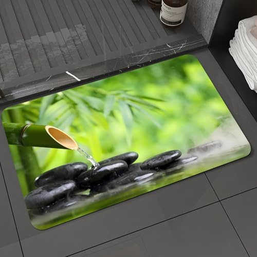 DALEXHM Tapis de Bain 60x100cm, antidérapant,Doux,Absorbant l'eau,en Microfibre,pour la Salle de Bain,Lavable en Machine,Nature Morte Spa avec Fontaine de Bambou et Pierre Zen dans l'eau - Impression