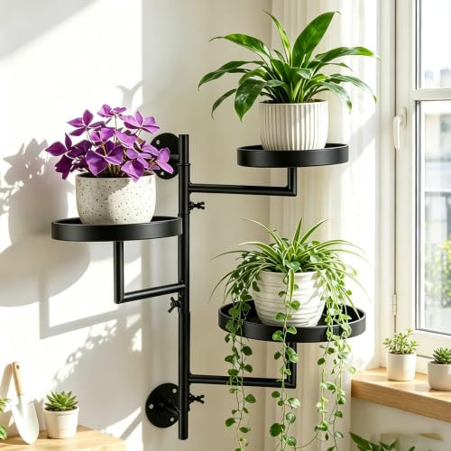 VeftBltrem 3-Stöckiges Drehbares Pflanzenregal Für Wandmontage – Metall Blumenständer Mit 180°-Rotation, Erhöhten Rändern, Hand-Schrauben – Ideal Für Fenster, Balkon, Wohnzimmer & Ecke (Ohne Töpfe)