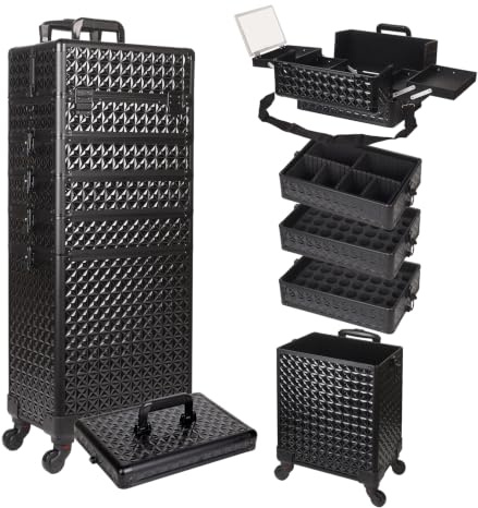 Kosmetikkoffer Trolley, 6-in-1 Schminkkoffer mit Spiegel & Schloss, Großer Kosmetik Reisekoffer Make-up Organizer, 4 Ersatzrollen als Geschenk (Schwarz)
