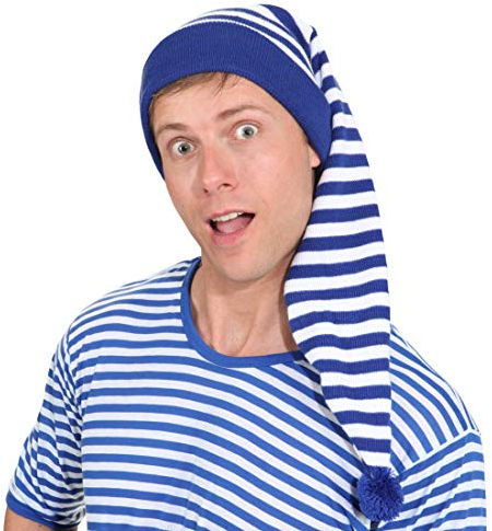 NET TOYS Gestreifte Schlafmütze für Damen & Herren | Blau-Weiß | Verträumte Unisex-Kopfbedeckung Schnarchnase geeignet für Nachthemdenball & Karneval