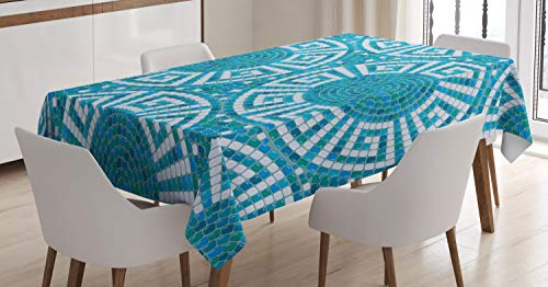 ABAKUHAUS Wasser Tischdecke, Greek Meander-Mosaik-Fliesen, Pflegeleicht mit Modernster Druck Technologie Waschbar und Personalisiert, 140 x 200 cm, Weiß Grün Blau