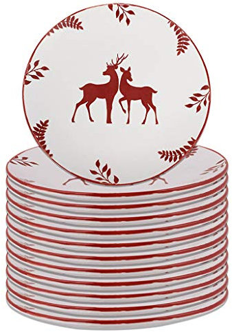 Christmas Dinner Plate Set of 12 Reindeer Stag Print Festive Tableware Stoneware Dinner Plates White Dinner Set