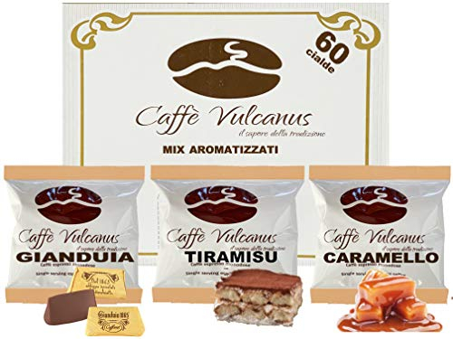 Caffè Vulcanus - Kit degustación 60 monodosis de café aromatizado ESE44 - Degustación de café gianduja, tiramisú y caramelo