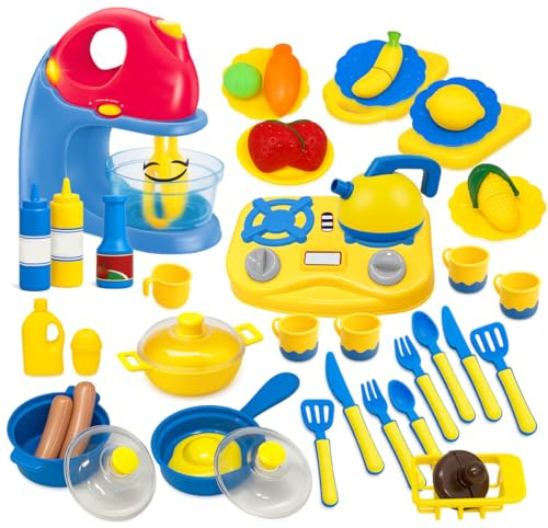 Kids Children 3 in 1 Pretend Play Kitchen Appliance Toy Mixer & Toaster & Juicer with Pretend Food fruits and Cup Real Working Sound Light Effect for Kids (Set of 3- All)