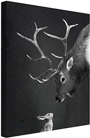 Bilderwelten Leinwandbild - Illustration Hirsch und Hase Schwarz Weiß Malerei 40 x 30 cm
