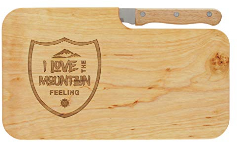 LASERHELD | Brotzeitbrett Holz mit Gravur “I Love The Mountain Feeling” & Messer | 26 x 15 cm | Frühstücksbrettchen Holz Schneidebrett Jausenbrett | Geschenk für Wanderer und Bergfreunde zum Vatertag