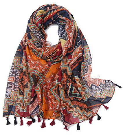 Yeieeo, Sciarpa bohémien da donna, leggera, con stampa floreale, scialle con frange, per autunno e inverno, Medium