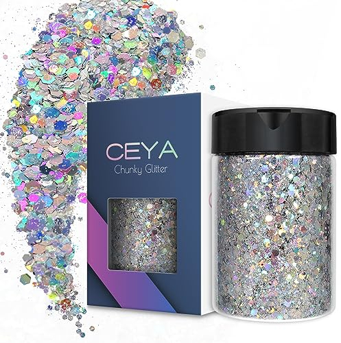 Ceya Holographic Chunky Glitter, 4.9oz/ 140g Silver Craft Glitter Powder Mixed Chunky Fine Flakes Iridescent Nail Sequins for Nail Art, Hair, Epoxy Resin, Tumblers, Slime, Painting, Festival Decor