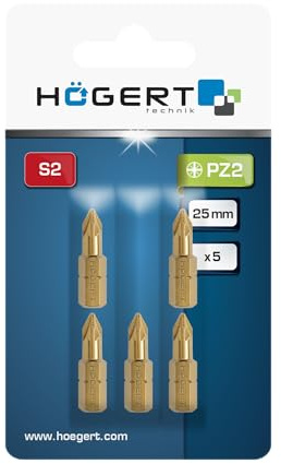 HÖGERT TECHNIK – PZ2 Schrauberbits 25 mm, 5 Stück, S2-Stahl, TiN-beschichtet, Slim-Profil, rutschfest, 1/4 Sechskantschaft, DIN 3126, für Akku- & Netzschrauber