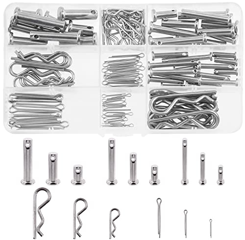 Mardatt 122 Stück 15 Größen 304 Edelstahl Gabelkopf und Clips Sortiment Kit, M4 M6 M8 Einloch-Gabelstift und M1,5 M2 M3 Splinte / R Clip Anhängerkupplung Pin für Auto (metrisch)