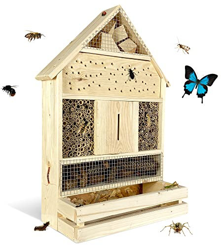 GARTENETAGE Insektenhotel zum Aufhängen XXL mit Pflanzenbalkon/Naturbelassenes, massives Insektenhaus & Bienenhotel/Insektenhotel Groß, Marienkäferhaus/Nisthilfe & Artenschutz