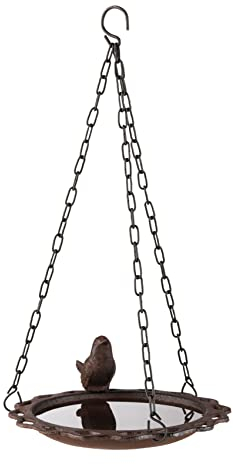 Spetebo Hänge-Wassertränke Vogel antik braun aus Gusseisen - Ø 19 cm - Vogelbad mit Kette zum Aufhängen - Vogel Wasser Bad Tränke Balkon Terrasse Garten Deko