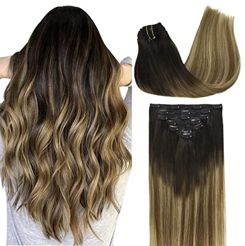 DOORES Echthaar Extensions Clip in, Dunkel Braun bis Chestnut Braun und Dirty Blonde Highlights 30cm 12 Zoll 7 Stück 80g Remy Menschlich Clips in Haarverlängerung Natürliche Echthaar Extensions
