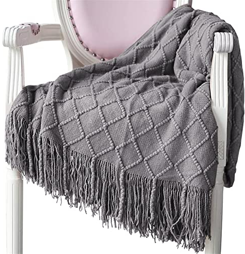Hayisugal Wohndecke Weich Strick Wolldecke Quaste Kuscheldecke Sofadecke Schlafdecke Decke, Mittelgrau, 125 x 210cm