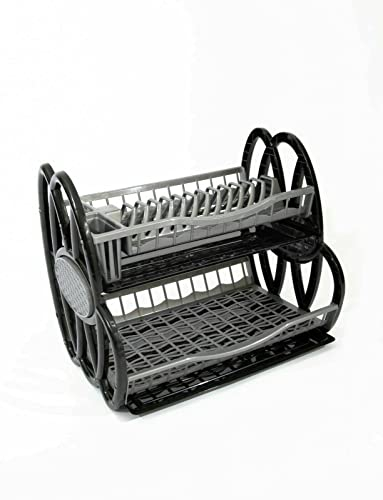 2 Tier Double Dish Drainer Rack Large Plate Cutlery Cup Holder Plastic Trays (Black and Grey)