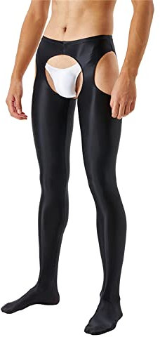 iEFiEL Herren Glänzend Öl Strumpfhosen Aushöhlen Leggings Lang Pantyhose Nylon Strumpfhose Tights Hose Offene Schritt Unterwäsche Schwarz XL