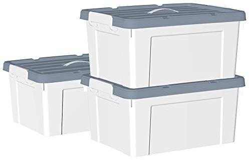 Cetomo 35L*3 Kunststoff-Aufbewahrungsbox Box mit haltbarem Deckel und Sicherheitsverschluss stapelbar und verschachtelbar 3-Packs Weiß