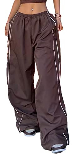 Shebote Women's Coffee S Size Baggy Wide Leg Parachute Pants Y2k Elastic Waist Jogger Sweatpants Track Pants
