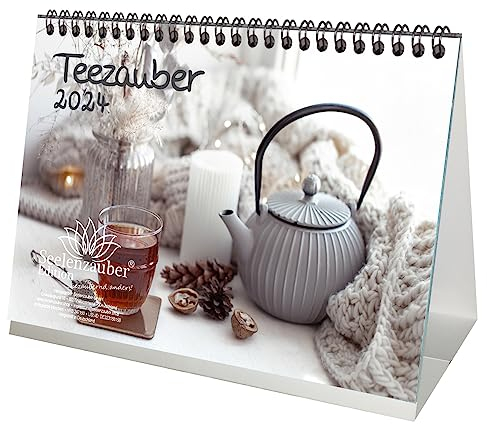 Teezauber DIN A5 Tischkalender für 2024 Tee - Geschenkset Inhalt: 1x Kalender, 1x Weihnachts- und 1x Grußkarte (insgesamt 3 Teile)