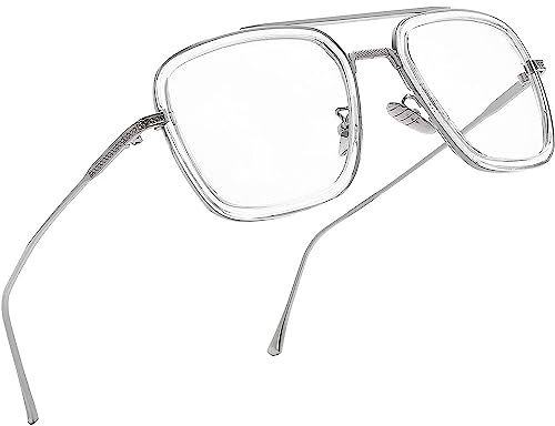 Dervin Blaulichtblockierende, blendfreie Retro-Brille, Tony Stark-Rahmen für Augenschutz vor UV-Strahlen durch Computer/Tablet/Laptop/Handy, Silber-transparent, M