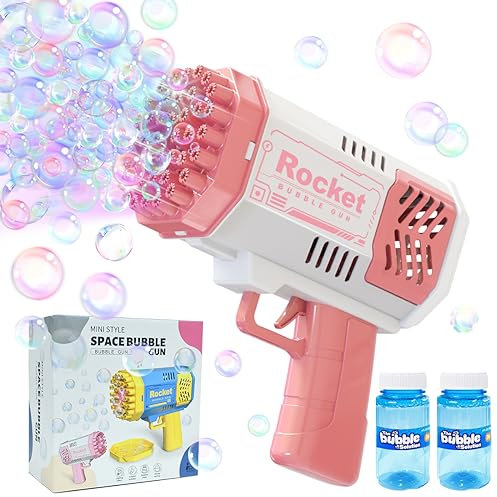 Bubble Guns for Kids Toys, 40 Holes Bubble Machine with Colorful Light 2 Bubble Solution (Pink)