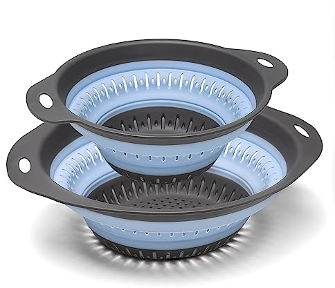 Collapsible Colander,BPA Free Silicone Colanders & Food Strainers with Plastic Handles Vegetable and Fruit Kitchen Draining Pasta Foldable Strainer Colander Dishwasher Safe Set of 2 Blue