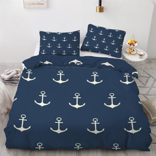 ROUSKI Bettwäsche Anker 220x240 cm 3teilig 100% Leicht Mikrofaser Bettbezug Ozean Maritim Wendebettwäsche mit Reißverschluss 3D Motiv Zimmer Dekor Bettwäsche-Sets mit 2 Kissenbezüge 80x80