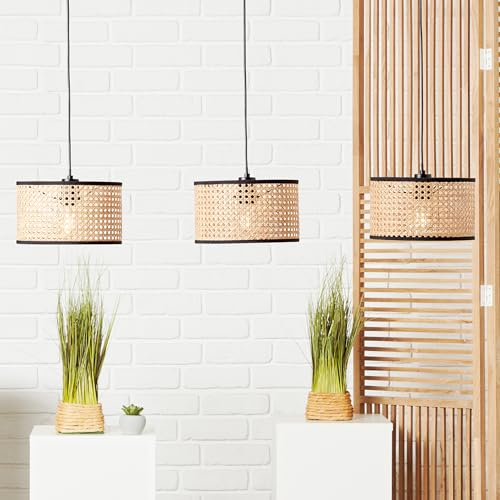 Lightbox Nature Hängelampe - 120 x 110 x 25 cm - Pendelleuchte mit geflochtenen Rattan Schirmen & kürzbarem Kabel - 3 x E27, max. 52 W - aus Metall/Rattan - in Hellbraun/Schwarz