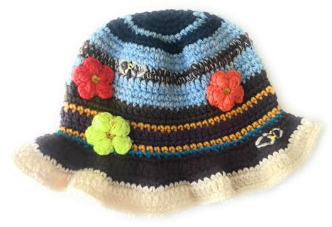 KGM Handgefertigter Strick-Hut, gehäkelt, für Festivals, Urlaub, Reisen, Sommer, Winter, Kleine Blume mit Streifen, One size