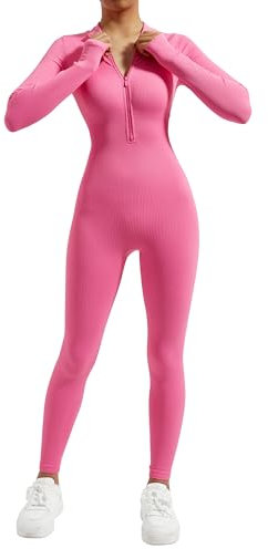 DOULAFASS Reißverschluss Full Body Jumpsuit Damen Langarm Yoga Einteiler Sport Romper Gerippte All In One Bodycon Jumpsuit