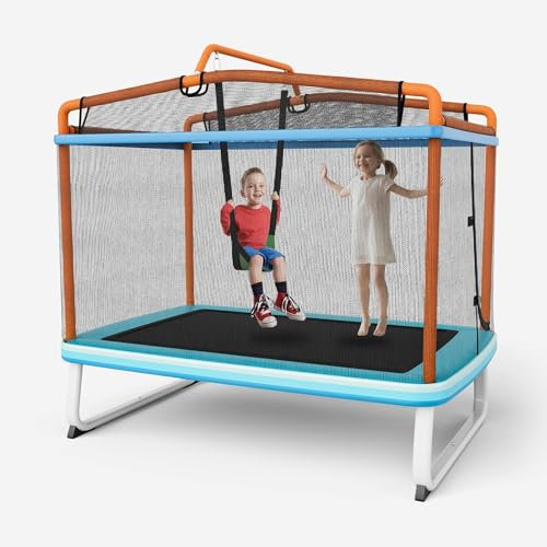 GYMAX Trampolín Infantil 3 en 1, Trampolín con Columpio y Barra Horizontal, Cama Elástica para Jardín con Red de Seguridad y Cubierta de Borde, 190 x 124 x 222 cm (Naranja)
