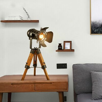 GMSLuu Lampada da terra a LED vintage Tripod lampada da studio in stile industriale Cinema con treppiede in legno, lampada da studio, lampada da soggiorno, 65 cm