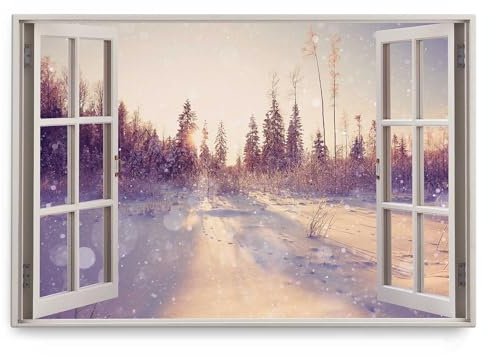Paul Sinus Wandbild 120x80cm Fensterbild Winterlandschaft Sonnenuntergang Tannen Schnee Weiß