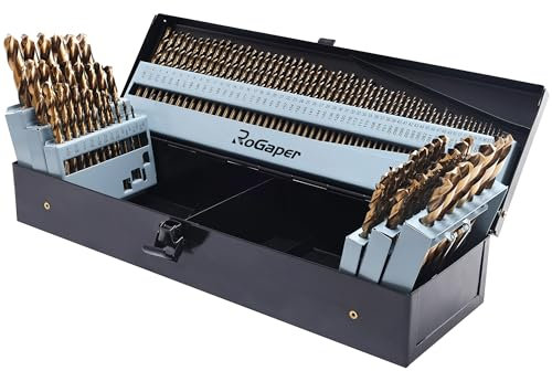 ROGAPER 145-teiliges Kobalt-Bohrer-Set, M35 HSS, 135-Grad-Spitze, Spiralbohrer-Set für gehärtetes Metall, Gusseisen, Edelstahl, Kunststoff und Holz, mit Aufbewahrungskoffer, 1/16-1/2 Zoll