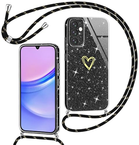 Yichxu Handyband für Samsung Galaxy A15 Hülle mit Band, Glitzer Herz Silikon Handyhülle Kordel zum Umhängen, Schutzhülle mit Kette TPU Stoßfest Necklace Handy Hülle für Samsung A15 4G/5G, Schwarz