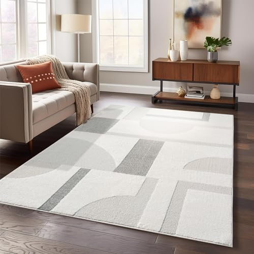 payé Teppich Wohnzimmer - 160x230cm Creme-Grau Hochtief Struktur Flachflor - Geometrische Muster Boho Wohnteppich
