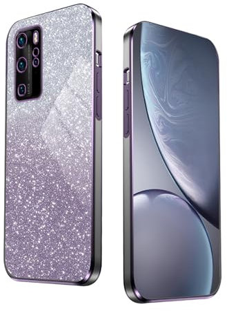 WBWONE Glitter Hülle für Huawei P40 Pro, mit Elektroplattiertem Rand, Stoßfestes Handyhülle, Schutzhülle mit Funkeln Aufkleber - Lila