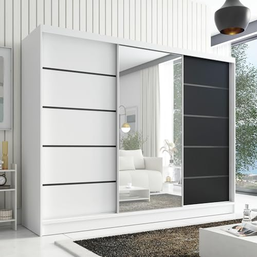 A&J MöbelLand Schwebetürenschrank Aurelia 2 Kleiderschrank 3-türig mit Schubladen, und Spiegel, Garderobe 200 cm (Weiß/schwarz/weiß)