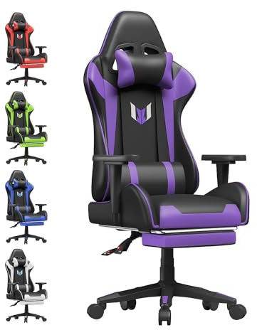 bigzzia Silla Gaming,Silla de Oficina Ergonómica,Piel de PU Sillón para Gamer con Cojín Lumbar y Reposacabezas,Gamer Sillón Altura Ajustable para la Oficina de Casa (con reposapies,púrpura)