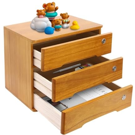 Holz Schreibtisch-Organizer mit Schubladen Heimarbeitsplatz Bürobedarf Hölzerne Schreibtisch Aufbewahrungsbox Organizer abschließbaren mit 3/4 Schubladen Regalkasten Halter Schminkkasten (3-stufiger)
