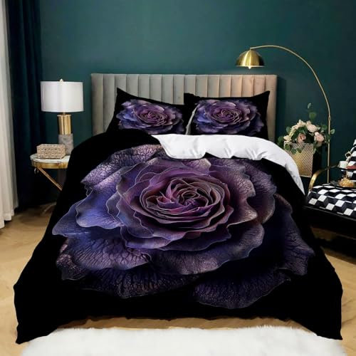 Schwarz Bettwäsche 155 x 220 cm, Rose Lila Schwarze Blume Bettbezug Set - Weiche Atmungsaktiv Mikrofaser Bettbezug mit 1 Bettbezug & 2 Kissenbezügen für Teenager Erwachsene