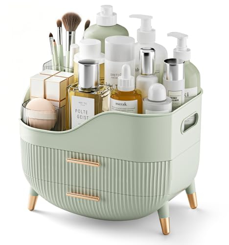 Pajiriona Makeup Organizer with Drawers, Green Skincare Organizer for Vanity, Storage Box with Handle, Large Cosmetic Display Case for Dresser, Bathroom Countertop