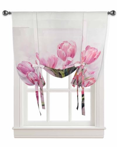 FOBOXCHD Bindegardine mit Blumenmuster Rosa Tulpen Ölgemälde Abstrakte Vorhänge for Wohnzimmer Schlafzimmer Binden Fenster Vorhang Küche Kurzer Vorhang(117W x 160H(cm))