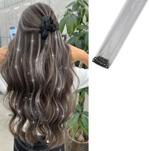 2 x Clip-In Hair Extension Highlights Streaks, Colourful Hair Highlights (Sparkle Grey)