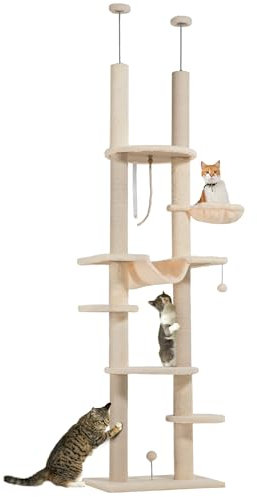PawHut Árbol para Gatos de Suelo a Techo 225-255 cm Árbol Rascador para Gatos de 7 Niveles Torre para Gatos con Hamacas Plataformas Juguete de Cuerda Bola de Juguete Beige y Gris