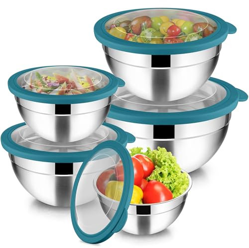 Joyfair Rührschüssel 5er Set, Edelstahl Schüssel mit Transparenter Luftdichtem Deckel, 4,5L/ 2,7L/ 1,5L/ 1,2L/ 0,7L, Stapelbar Salatschüssel zum Servieren/Kochen/Backen, Spülmaschinenfest - Blau