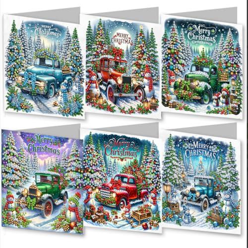 Meecaa Christmas Car Tree Snowman 6pcs Handmade 5D Diamond Painting Christmas Greeting Cards for Adults, DIY Diamond Art Postcards for Friends Family Lover Gift (15CMx30CM) (Christmas Car)