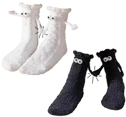 AYNKH 2 Paar Hand-in-Hand-Socken, flauschige, dicke, weiche, warme magnetische Socken, Hand in Hand, niedliche Neuheit, Freundschaft, Liebespaar, Schwestern, lustiges spezielles Geschenk für Frauen