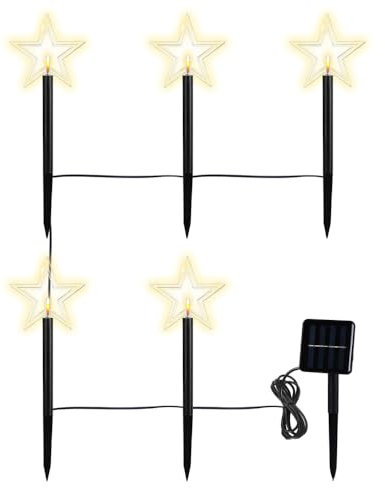 MiOYOOW Solar Wegebeleuchtung, 5 Stück Wasserdicht Weihnachtsstecker Lichter, Stern/Schneeflocke, Außendekorationslichter mit Stecker für Garten, Hof, Rasen, Straße, Park, Weihnachten